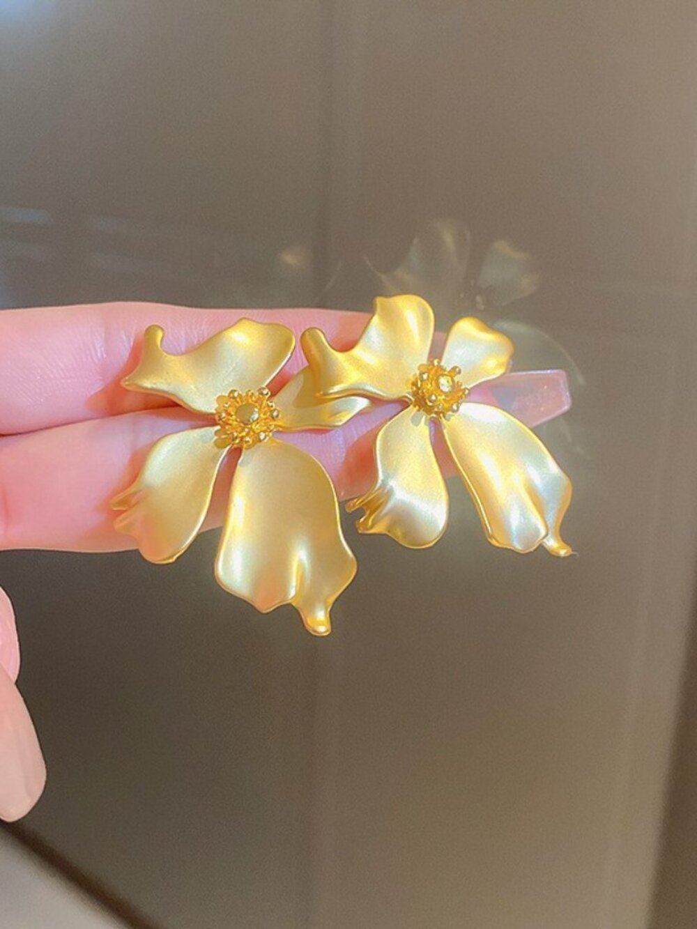 Gold Flower Statement Earrings Vintage Inspired Floral Earrings Matte Gold Petal